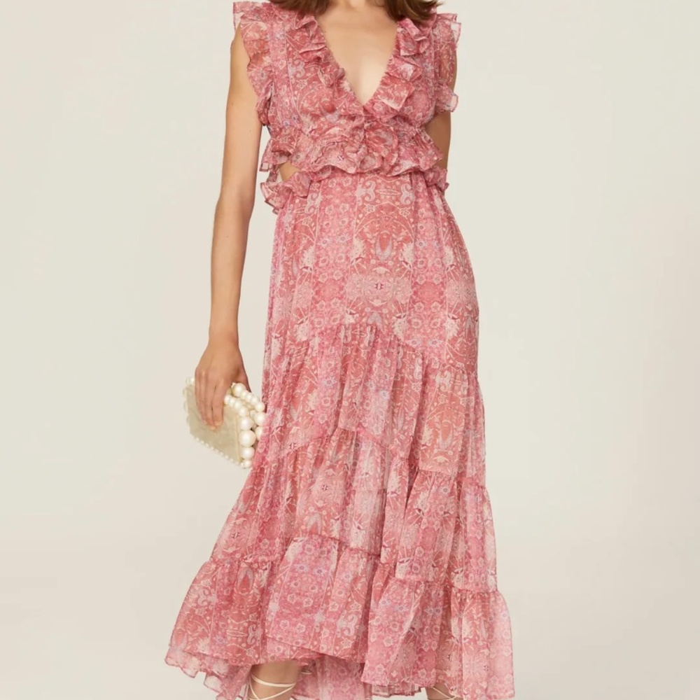 MISA Los Angeles Ruffled Maxi Dress – Red/Pink Paisley – Size M